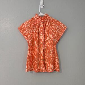 Pinch Button Up Blouse Coral Size Ruffle Neck Business Capsule 100% Cotton